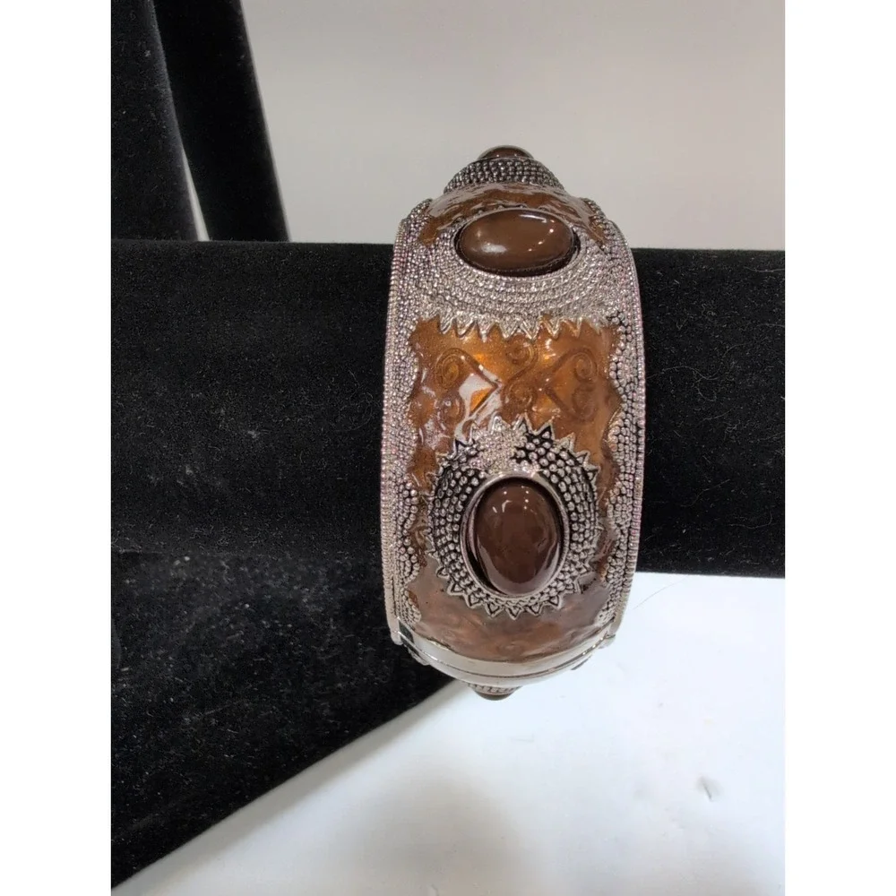 VTG brown enameled & textured silver-tone hinged clamp bracelet Statement Piece
